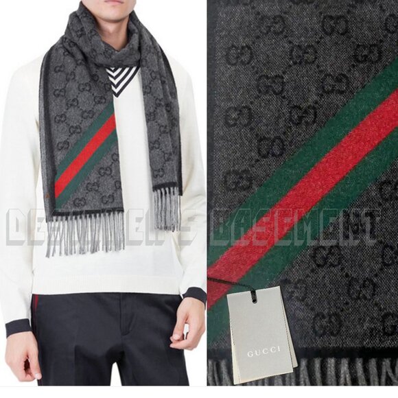 GUCCI charcoal & black GG green & red WEB detail NIKKY Angora blend fringe scarf - Picture 10 of 11